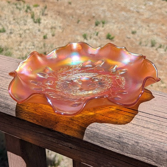 1920s Fenton Acorn Marigold Carnival Glass Footed Bowl w Crimped Rim Pattern 834 - Picture 2 of 12